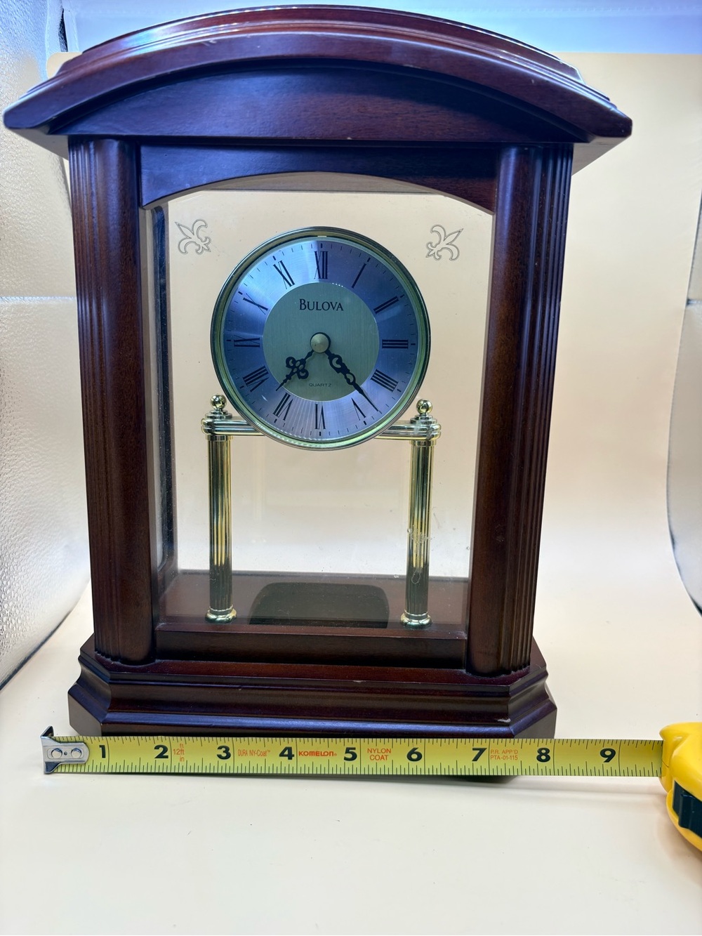 Bulova Gold and Brown Wooden Mantel Clock with Glass Case